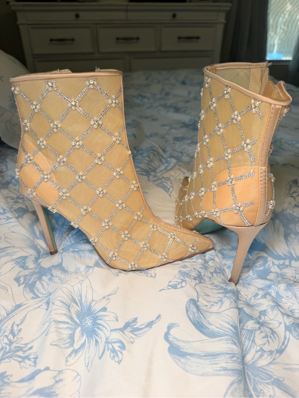 Betsey Johnson Nude Mesh Rhinestone Lattice Ankle Boots